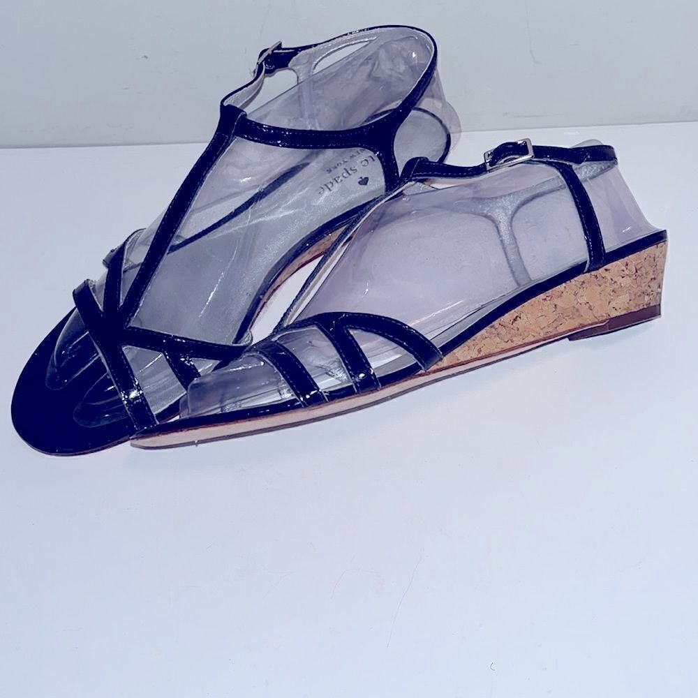 Kate Spade 1” leather wedge heels navy blue